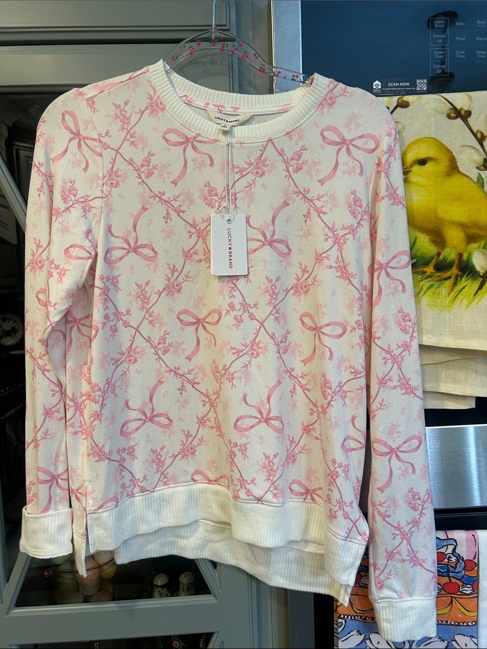 Lucky Brand Pink and White Bow Print Sweatshirt Small NWT